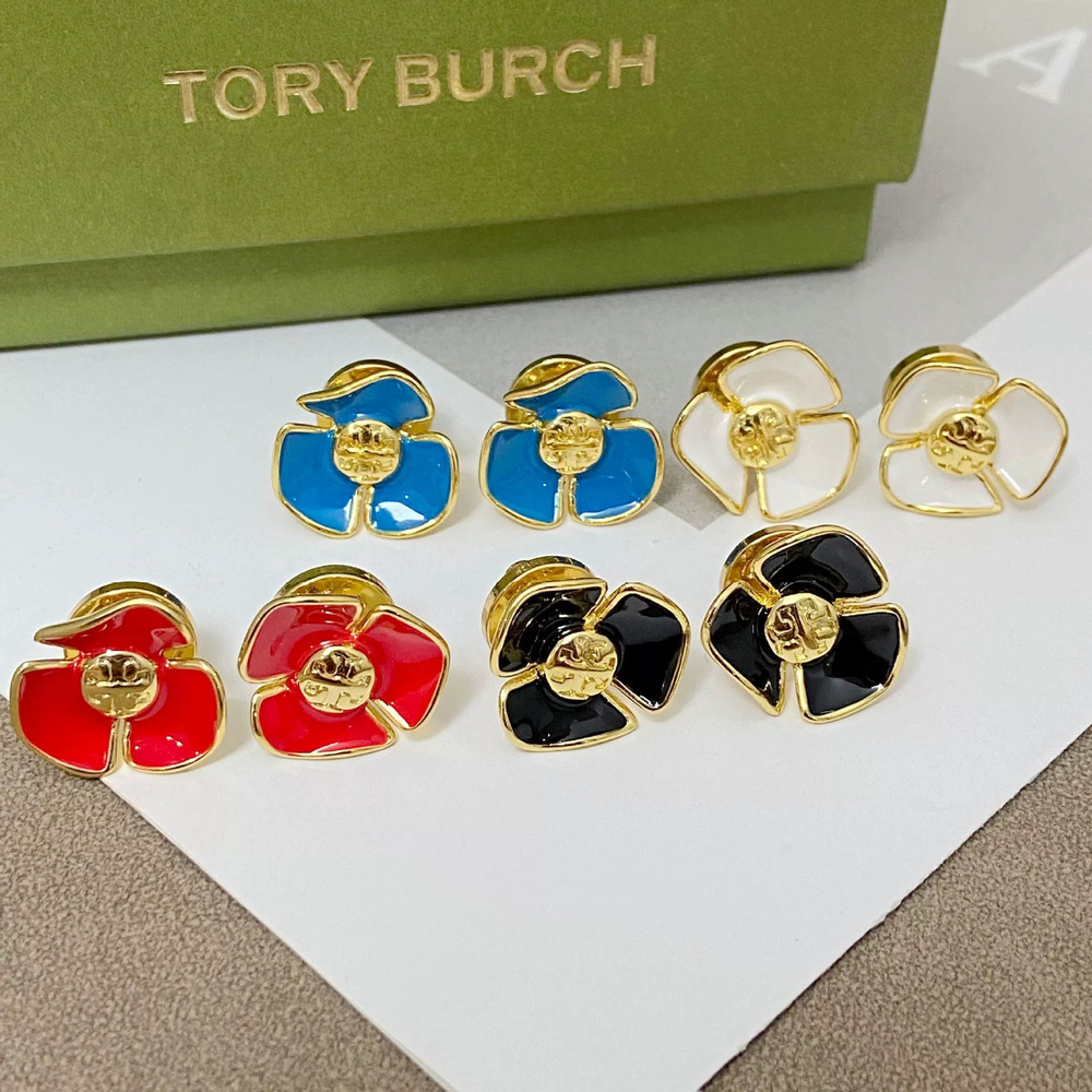 Tory Burch Vintage Four Petal Flower Stud Earrings Gold Plated Drip Oil